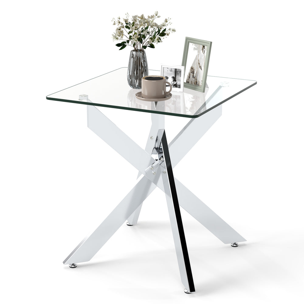 Square glass side table with a tempered glass top and metal X base, perfect as a side table or nightstand.