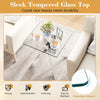 Square glass side table with a tempered glass top and metal X base, featuring protective corners for safety and.