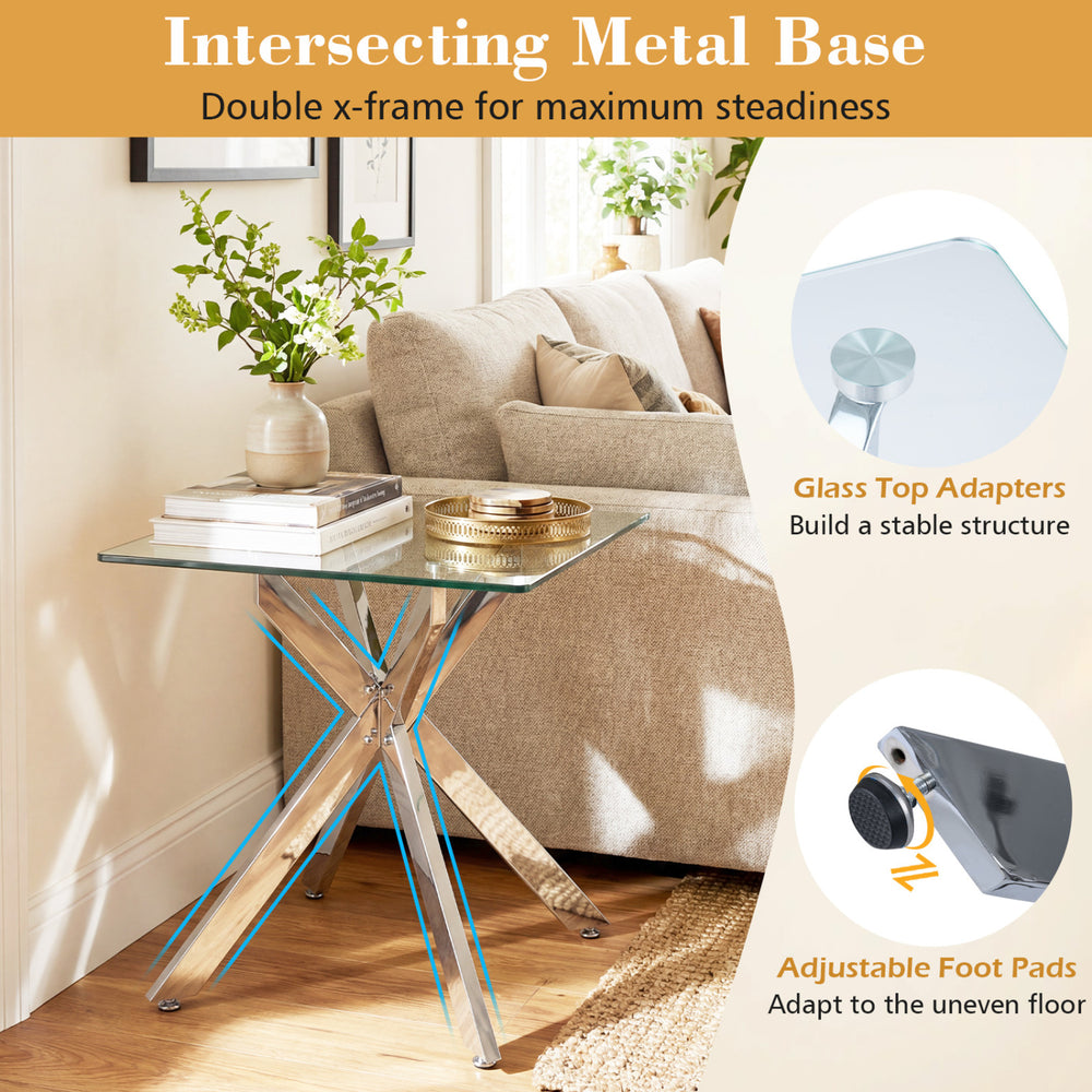 Square glass side table with a tempered glass top and intersecting metal X base, designed for stability and versatility.