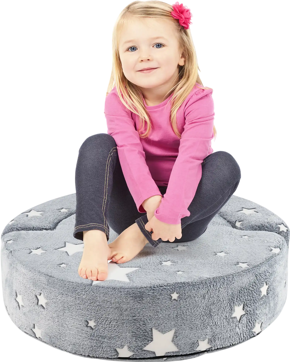 Round gray kids sofa with removable cover, featuring luminous star patterns, perfect for reading and playing.