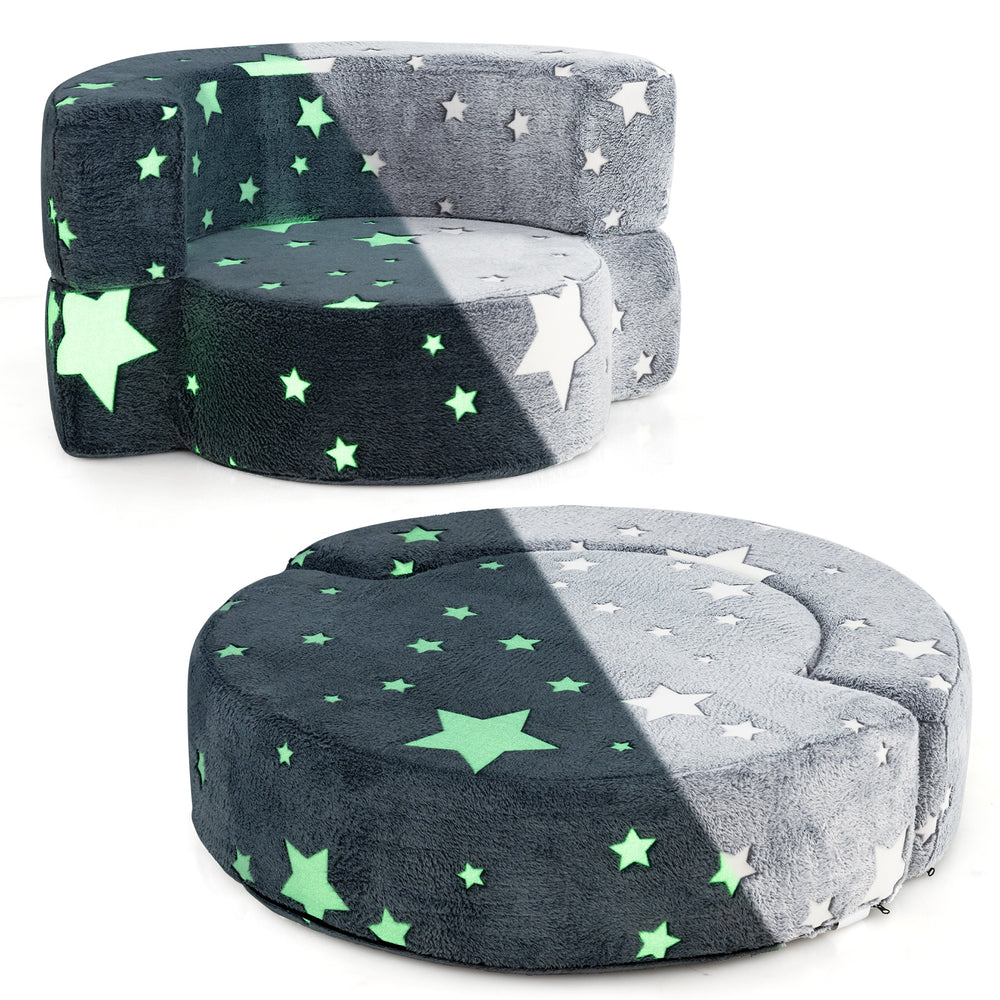 Convertible gray kids sofa with glow-in-the-dark stars, removable cover, perfect for reading and playing.