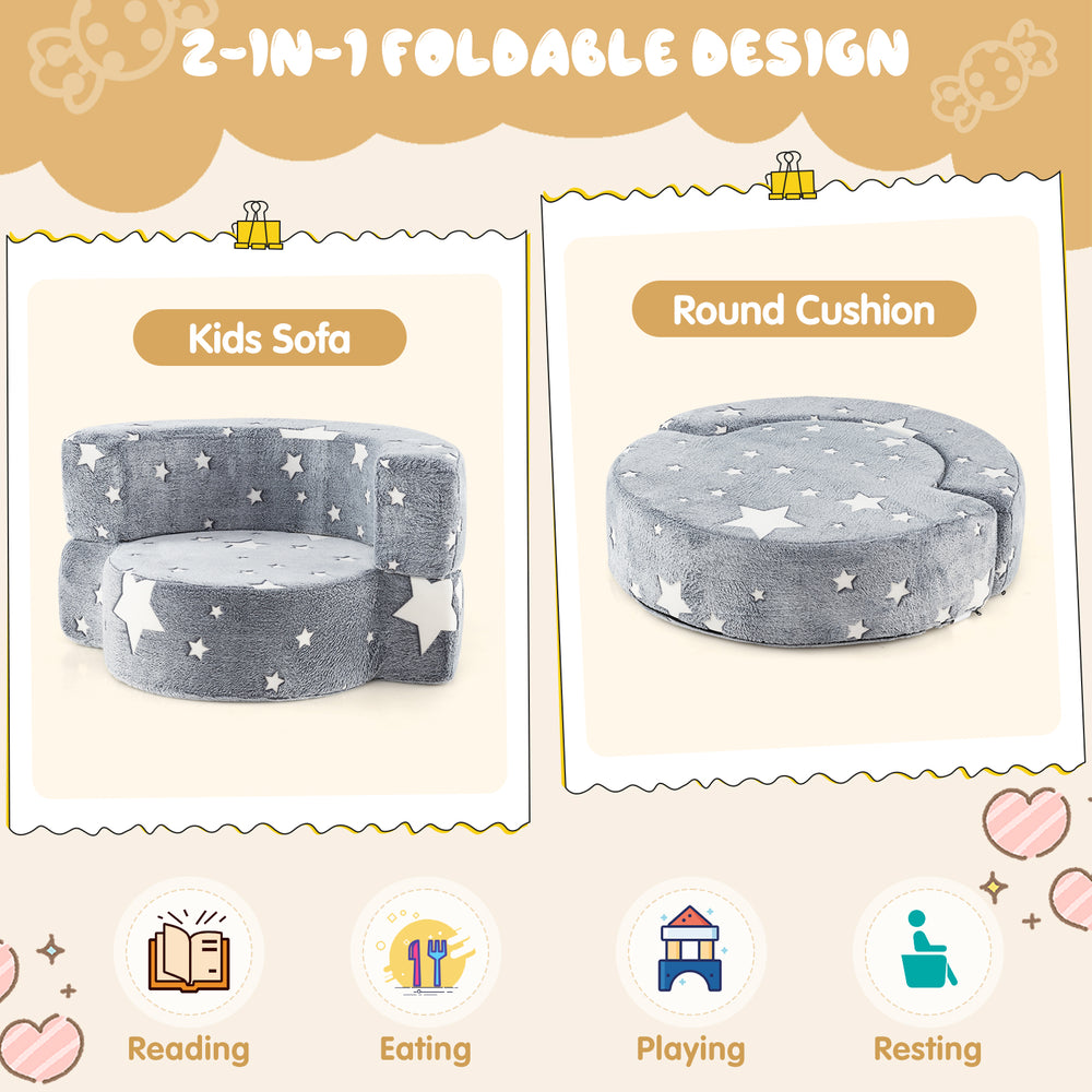 Kids sofa with luminous star patterns, convertible to round cushion, made of soft flannel for reading and resting.