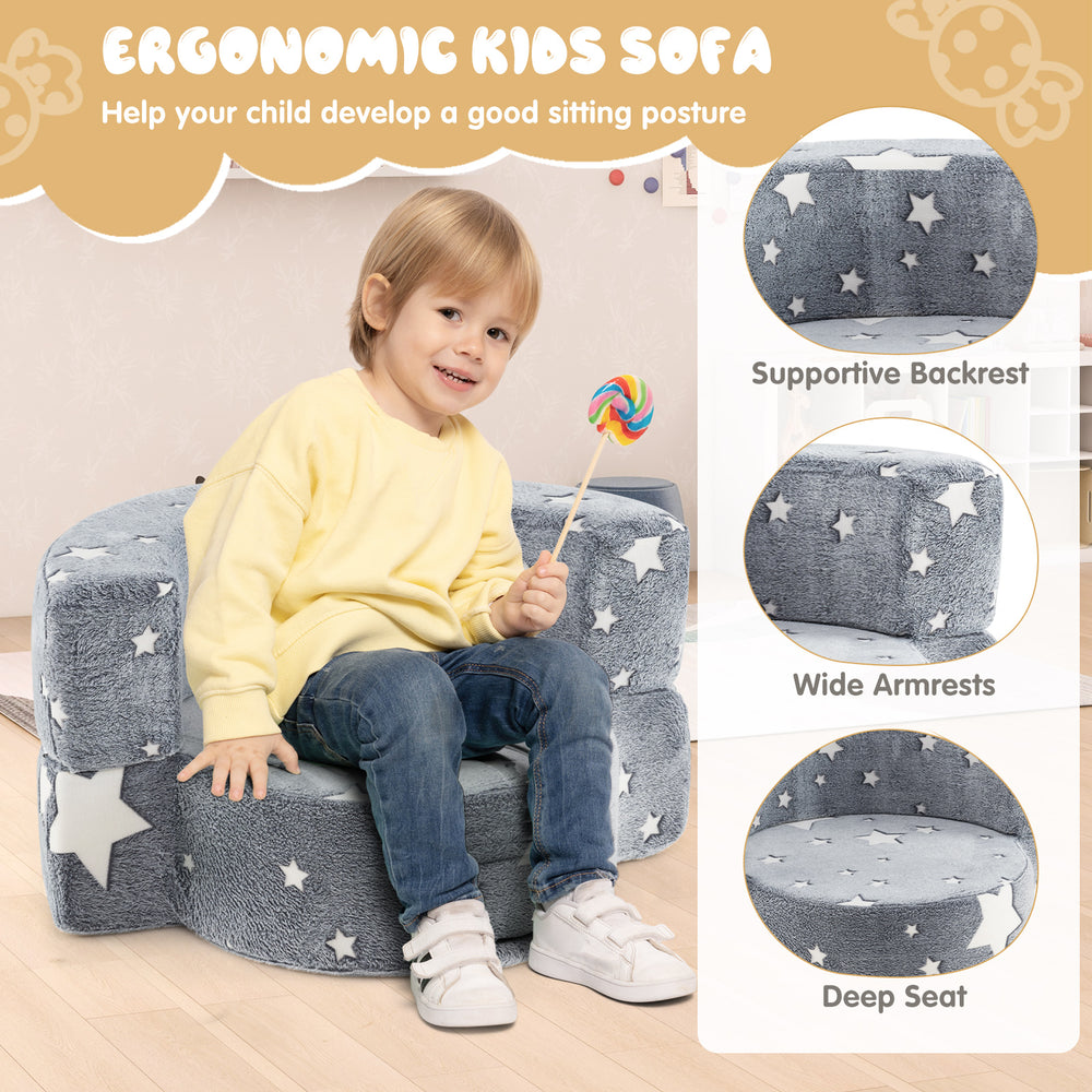 Gray 2-in-1 convertible kids sofa with ergonomic backrest and removable cover, ideal for reading and playing.