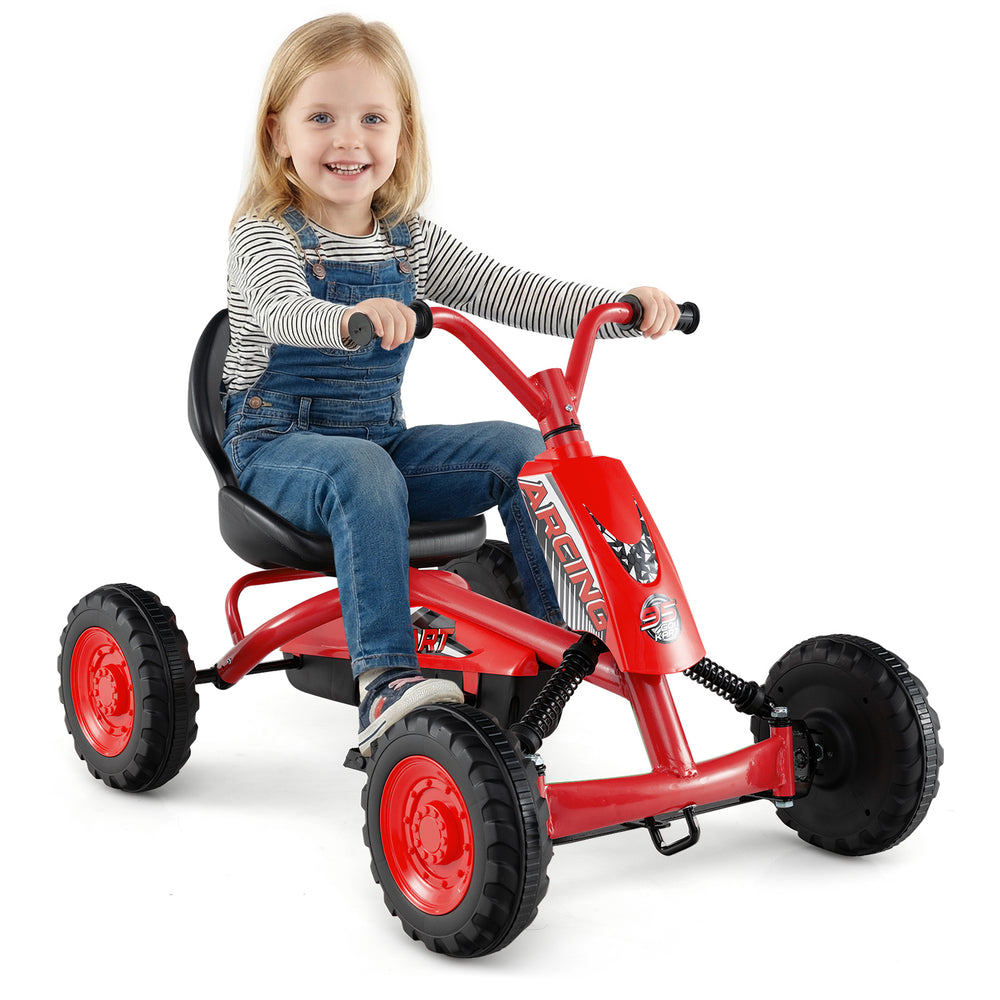Red go-kart for kids with adjustable seat, anti-slip pedals, and sturdy frame, designed for safe outdoor fun.