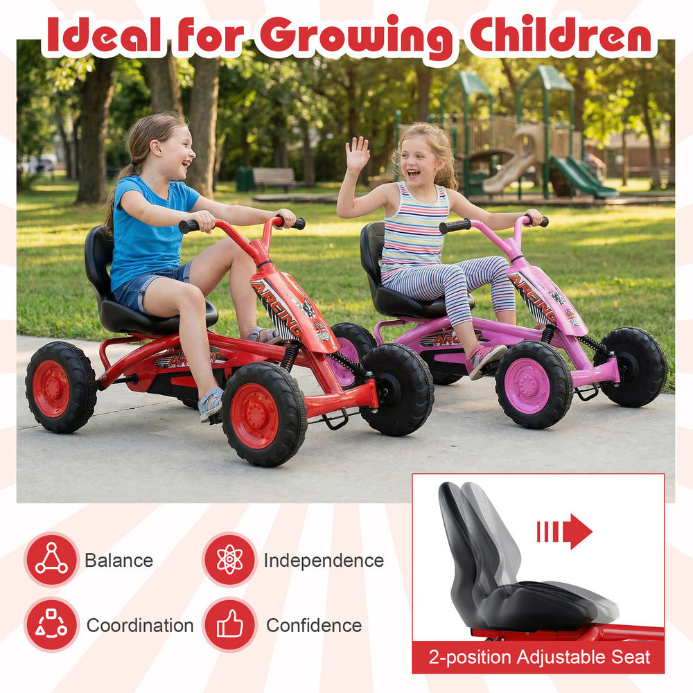 Two kids riding red and pink go-karts with adjustable seats, promoting balance and coordination for growing children.