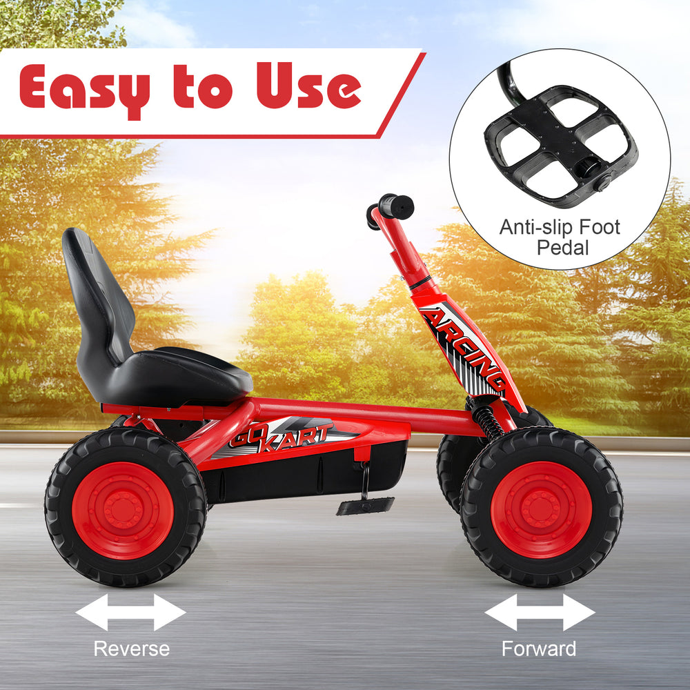 Go-kart for kids in red with adjustable seat, anti-slip foot pedals, and sturdy design for safe outdoor fun.