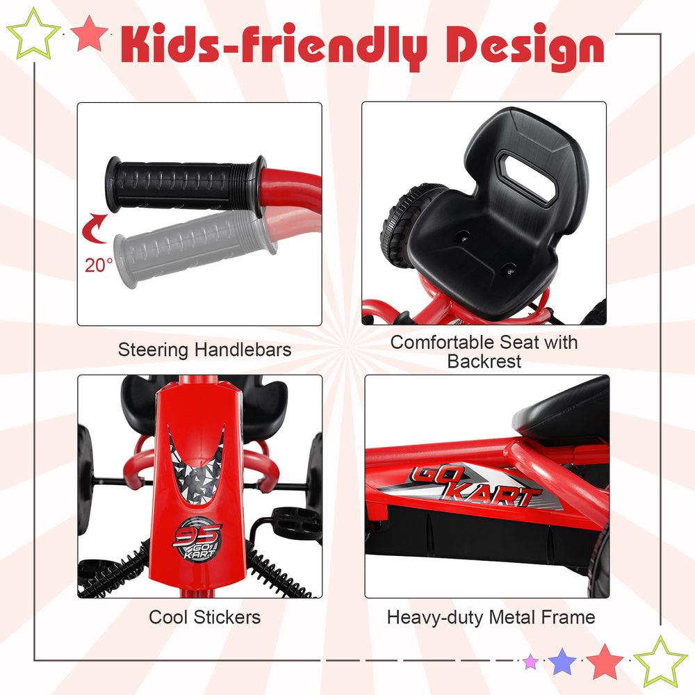 Go Kart for kids in red featuring adjustable seat, steering handlebars, and heavy-duty metal frame for safe outdoor fun.