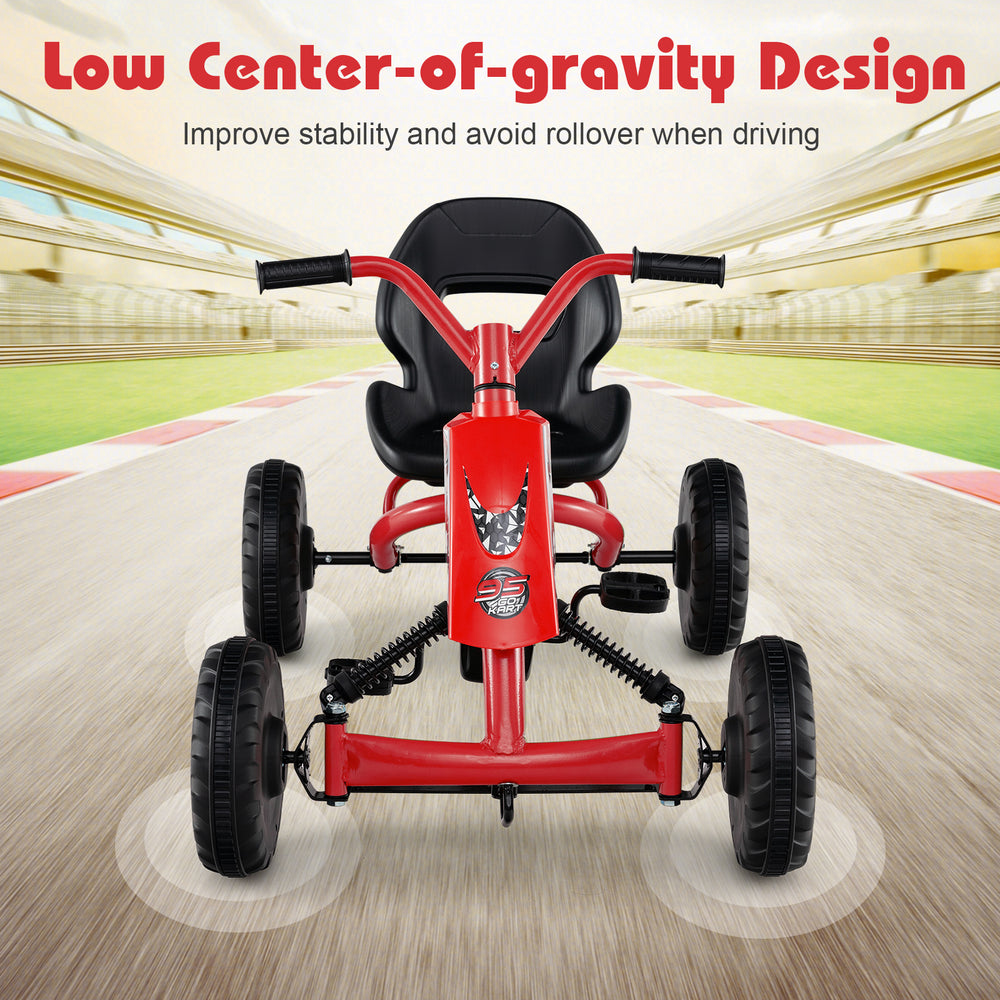 Red go-kart for kids featuring a low center-of-gravity design, adjustable seat, and anti-slip foot pedals for safety.