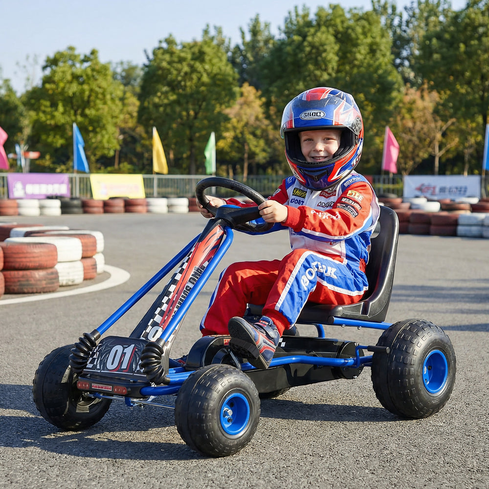 Go Kart for Kids 4 Wheels Pedal with Adjustable Seat and Multi-Terrain Wheels-Blue - Gallery View 1 of 10