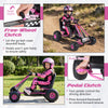 Go-kart for kids in pink with adjustable seat, pedal clutch, and multi-terrain wheels for safe outdoor fun.