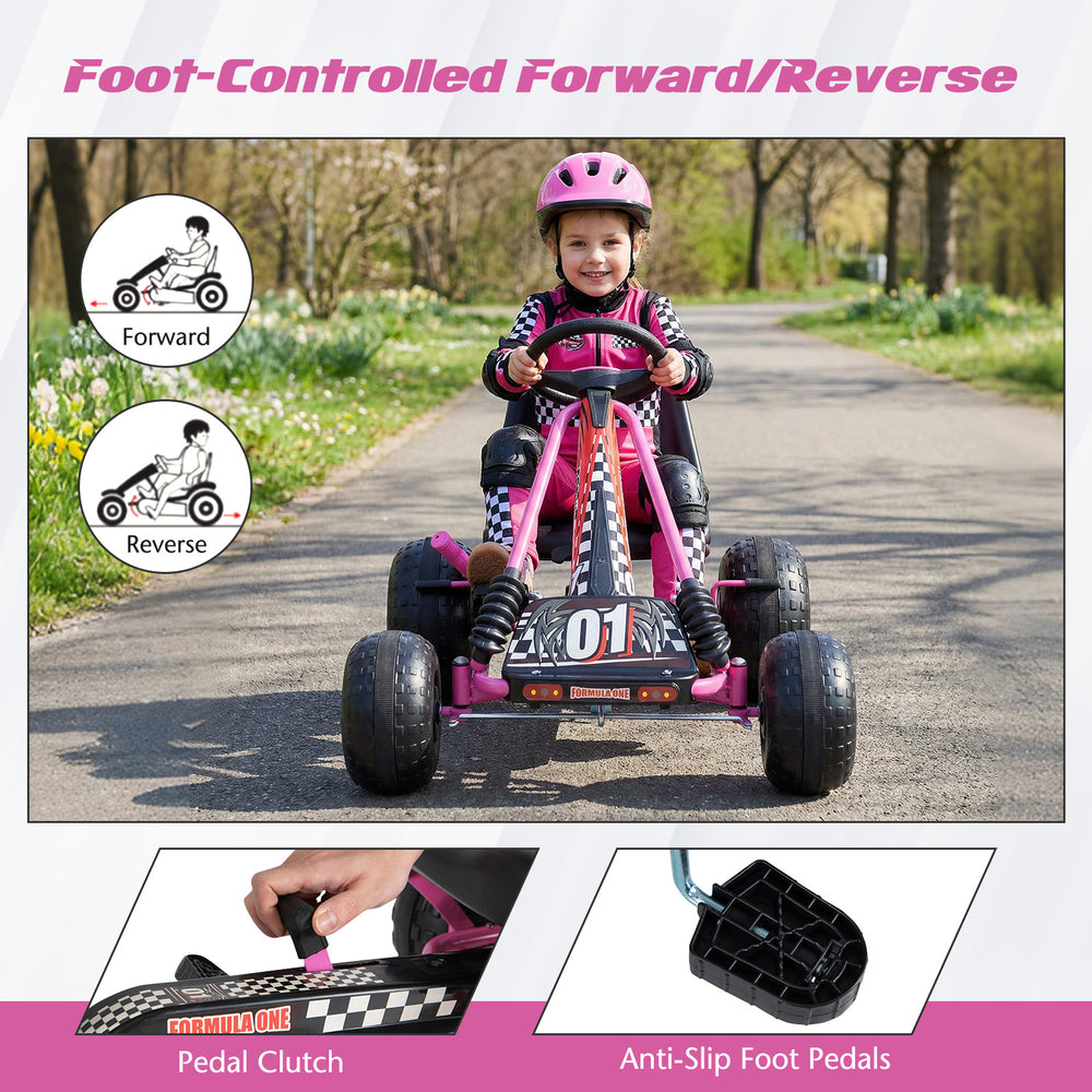 Kids' pink go-kart with adjustable seat, multi-terrain wheels, and anti-slip foot pedals for safe outdoor fun.
