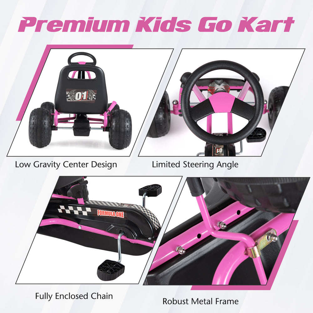 Kids go kart in pink with adjustable seat, multi-terrain wheels, and robust metal frame for safe outdoor fun.