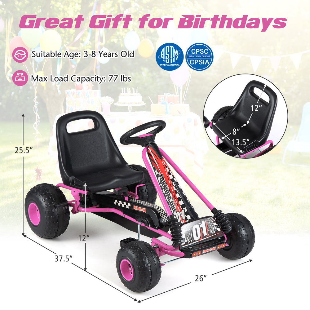 Go kart for kids in pink with adjustable seat, multi-terrain wheels, and safety features for ages 3-8.