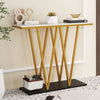 Gold entryway table with faux marble top and metal frame, perfect for narrow spaces and displaying decorations.