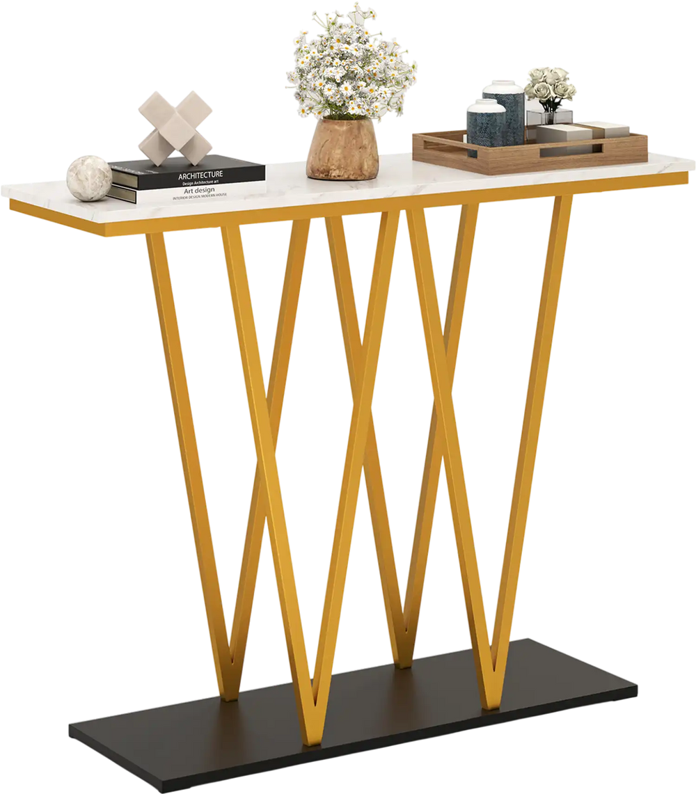 Gold entryway table featuring a luxurious faux marble top and a stable base, ideal for stylish decor in tight spaces.