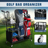 Double golf bag organizer with lockable wheels, featuring shelves, hooks, and large storage for golf bags and.
