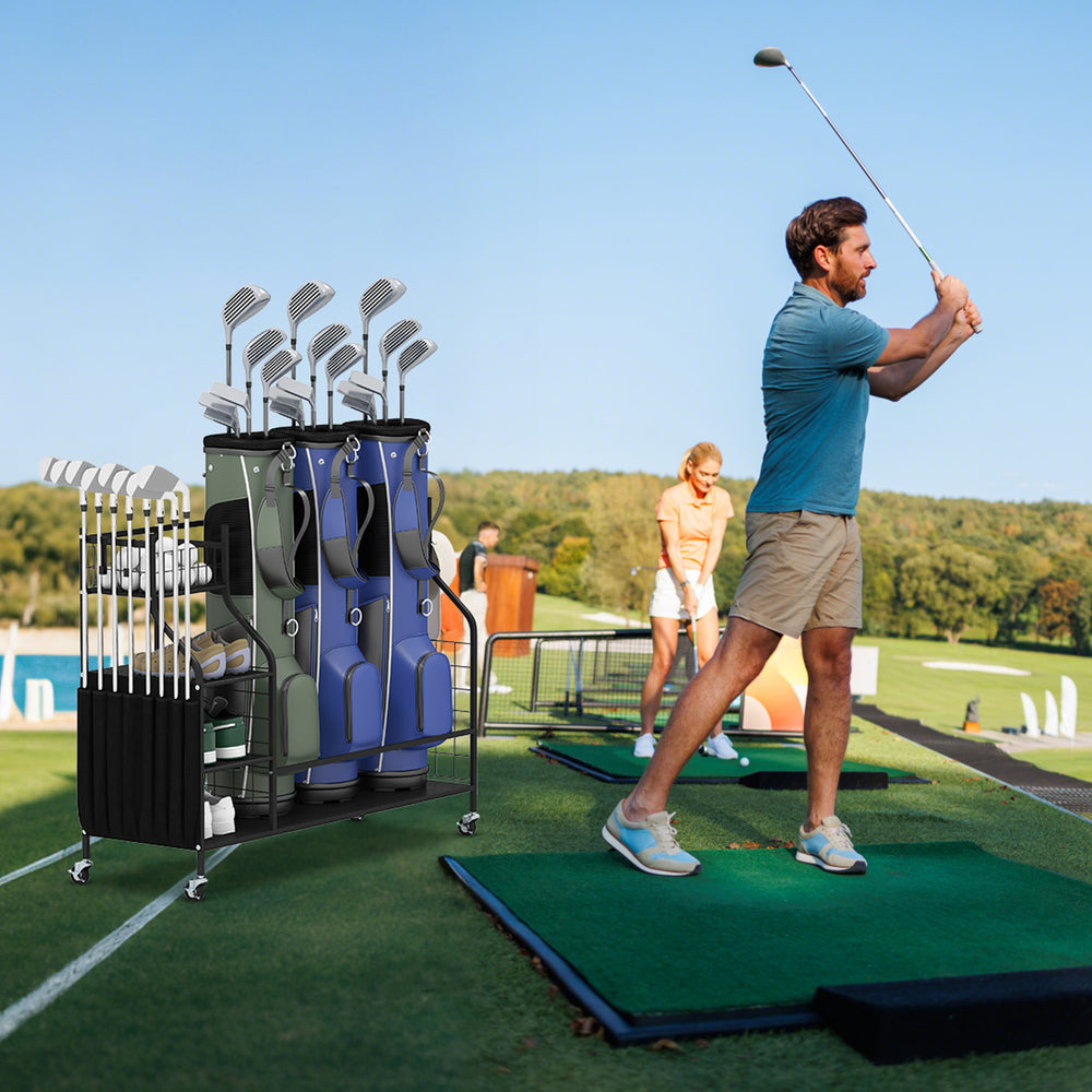 Golf bag organizer with 3 golf bag stand, lockable wheels, and hooks, ideal for home or golf club storage.