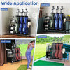 Golf bag organizer in black with lockable wheels, holding 3 bags and 8 clubs, ideal for home, garage, or golf club use.
