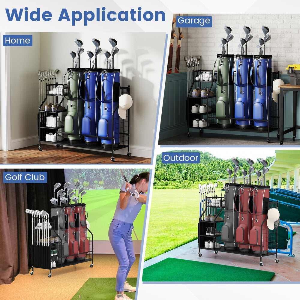 Golf bag organizer in black with lockable wheels, holding 3 bags and 8 clubs, ideal for home, garage, or golf club use.