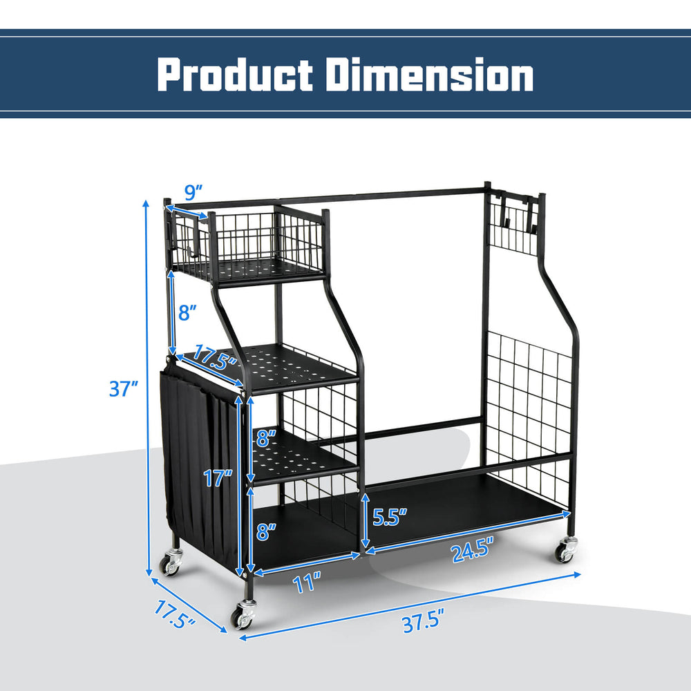 Double Golf Bag Organizer dimensions with lockable wheels, featuring shelves and hooks for golf accessories storage.