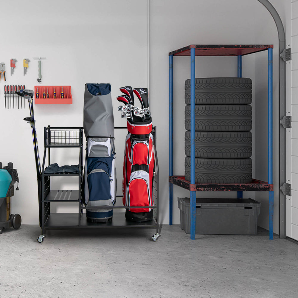 Double golf bag organizer with lockable wheels, featuring shelves and hooks for accessories, ideal for garage storage.