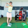 Double golf bag organizer with lockable wheels, featuring storage for 2 bags, clubs, and accessories in a golf training.