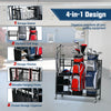 Double Golf Bag Organizer with lockable wheels, featuring storage for 2 golf bags, shelves, hooks, and a basket for.