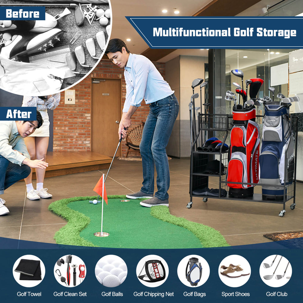Double golf bag organizer with lockable wheels, featuring shelves and hooks for accessories, ideal for home or golf.