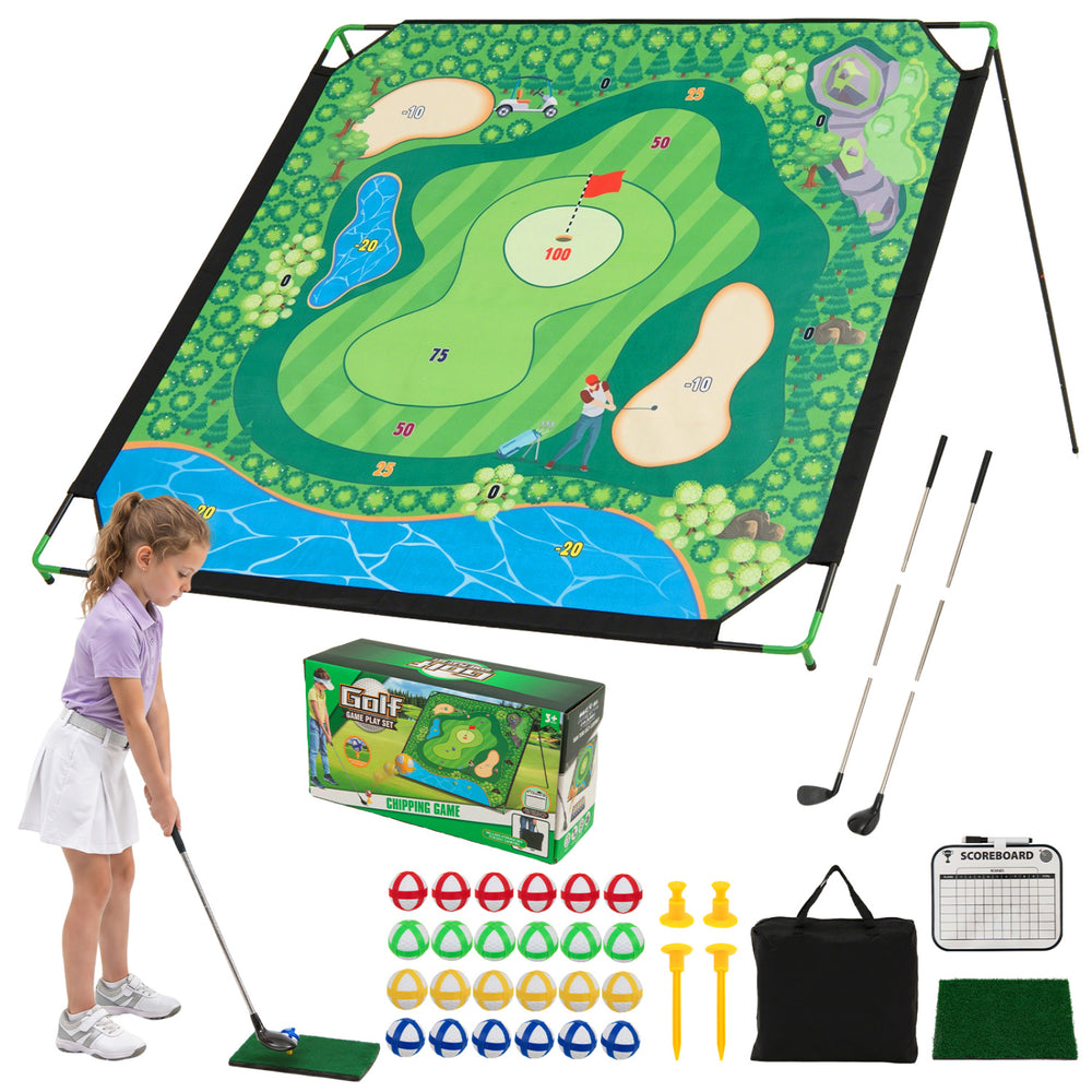 Golf chipping game set with a large target, adjustable clubs, and 24 sticky balls for indoor and outdoor practice fun.