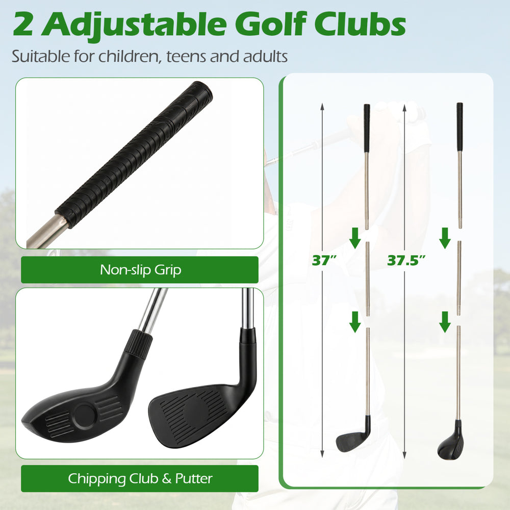 Two adjustable golf clubs with non-slip grips for children, teens, and adults, perfect for indoor and outdoor practice.