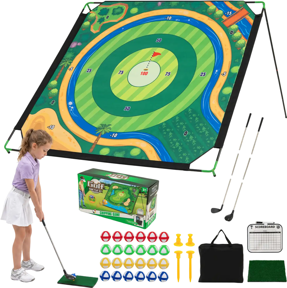 Large chipping mat with adjustable clubs and sticky balls for indoor and outdoor golf practice, perfect for family fun.