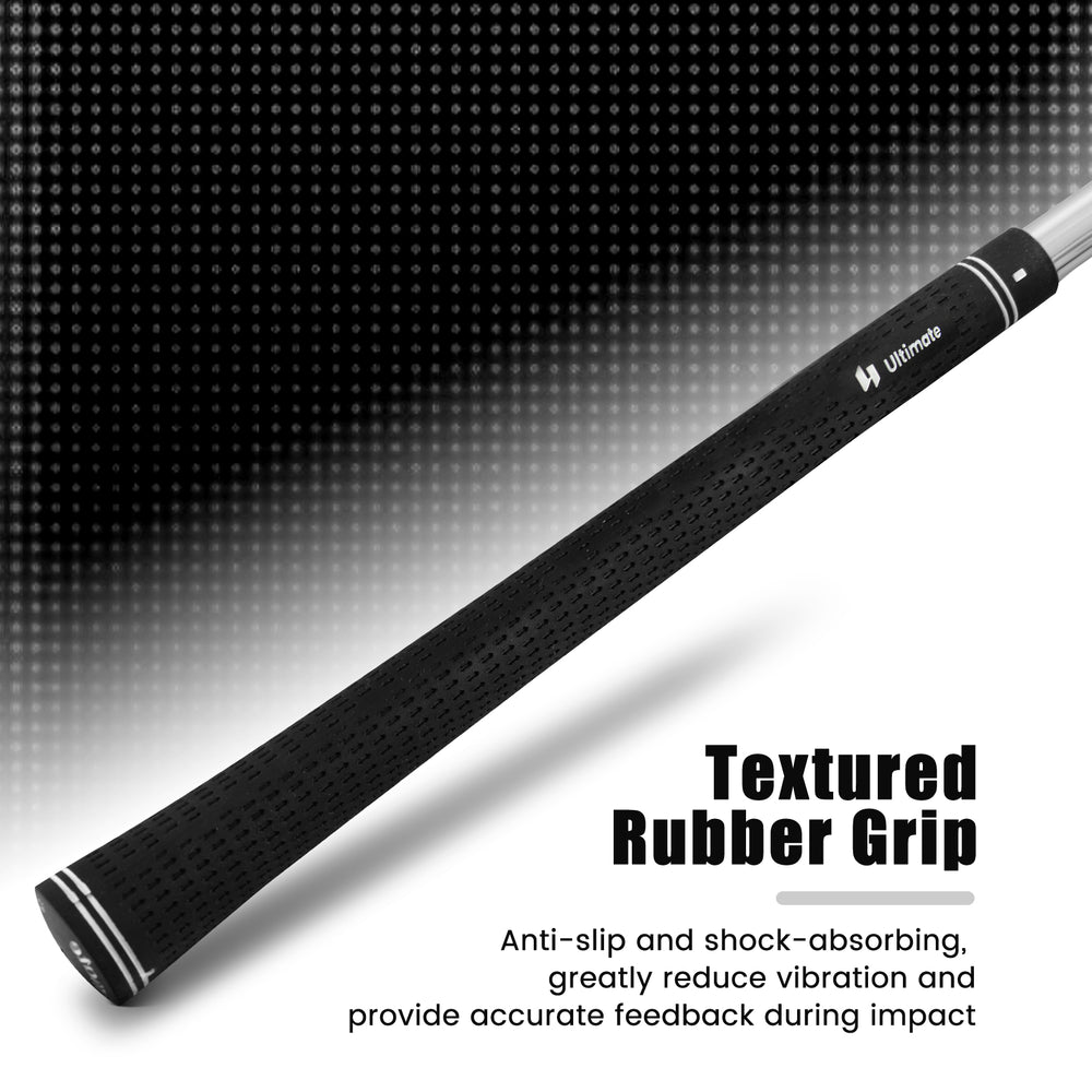 Textured rubber grip of the golf sand wedge, designed for comfort and secure hold for right-handed golfers.