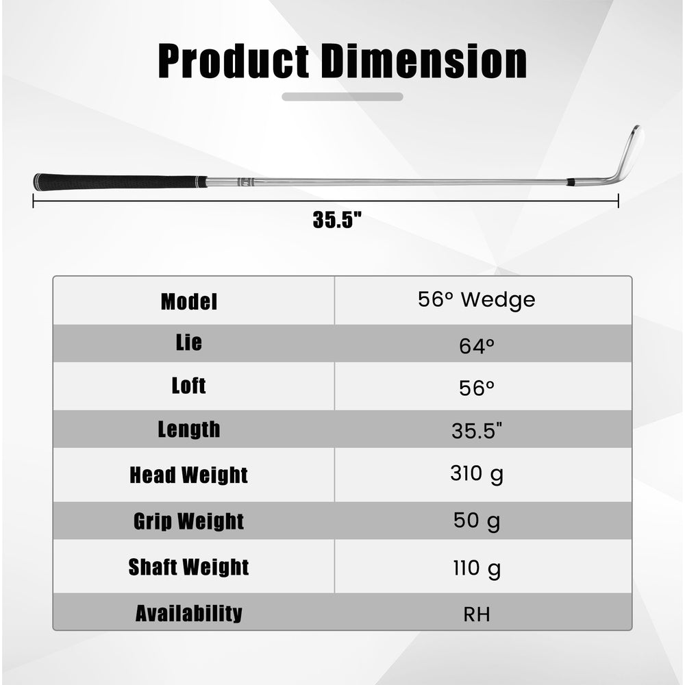 56-degree golf sand wedge with stainless steel head, textured rubber grip, and milled grooves for improved short game.