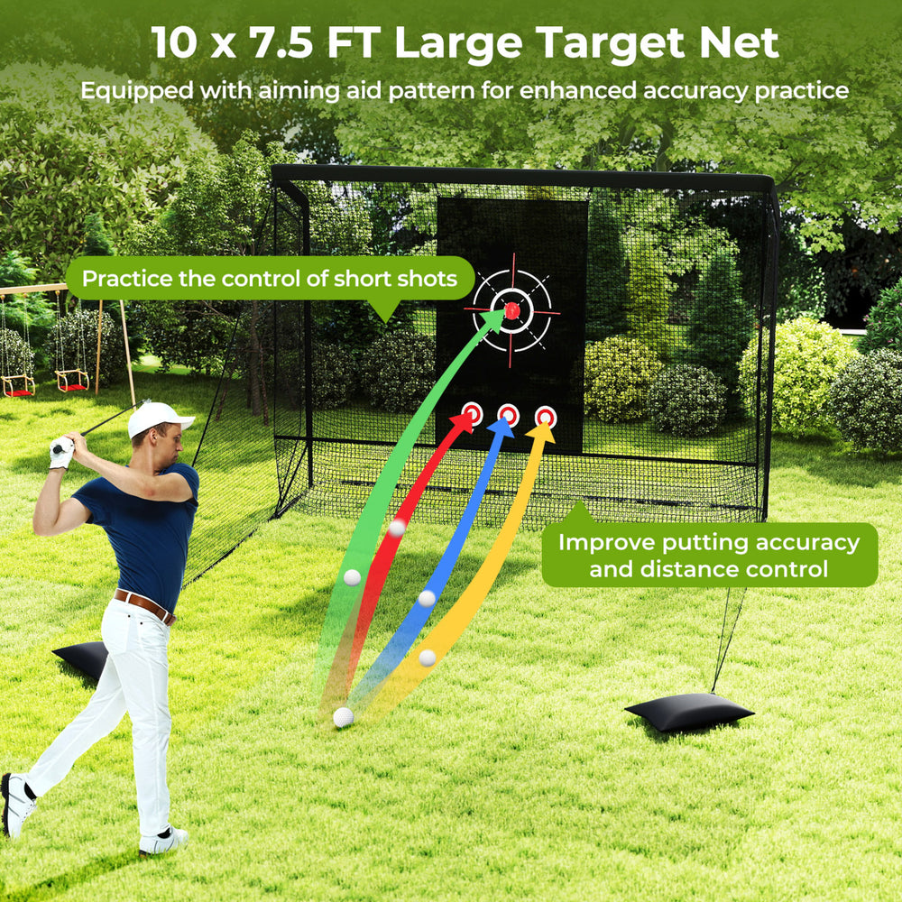 Large golf practice hitting net with aiming pattern, reinforced metal frame, suitable for indoor and outdoor use.