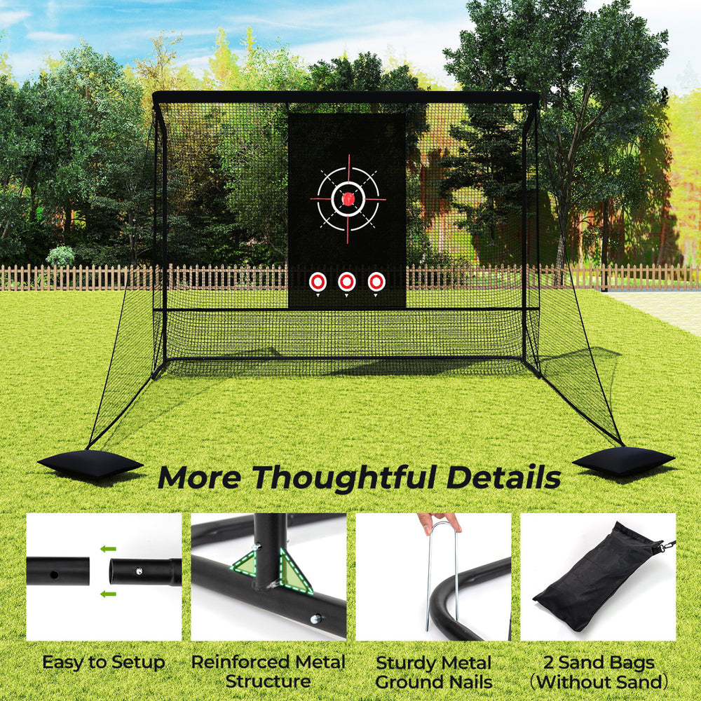 Golf practice hitting net with reinforced metal frame, spacious target net, and detachable side barriers for enhanced.