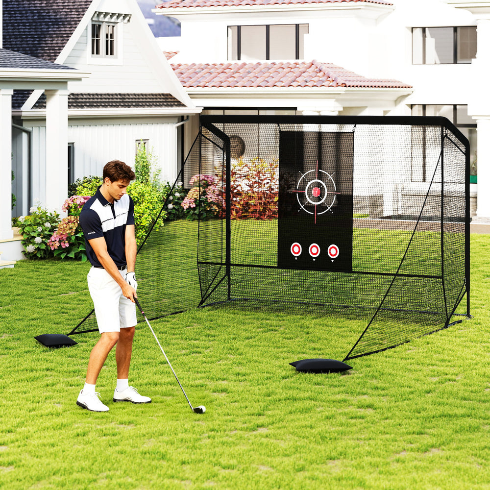 Golf practice hitting net with dual side barriers, metal frame, and target cloth, ideal for backyard training.