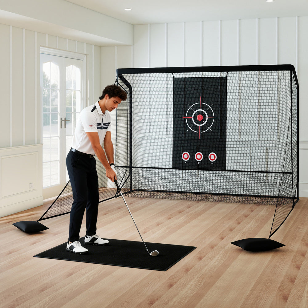 Golf Practice Hitting Net with dual side barriers and target cloth, ideal for indoor or outdoor golf training.