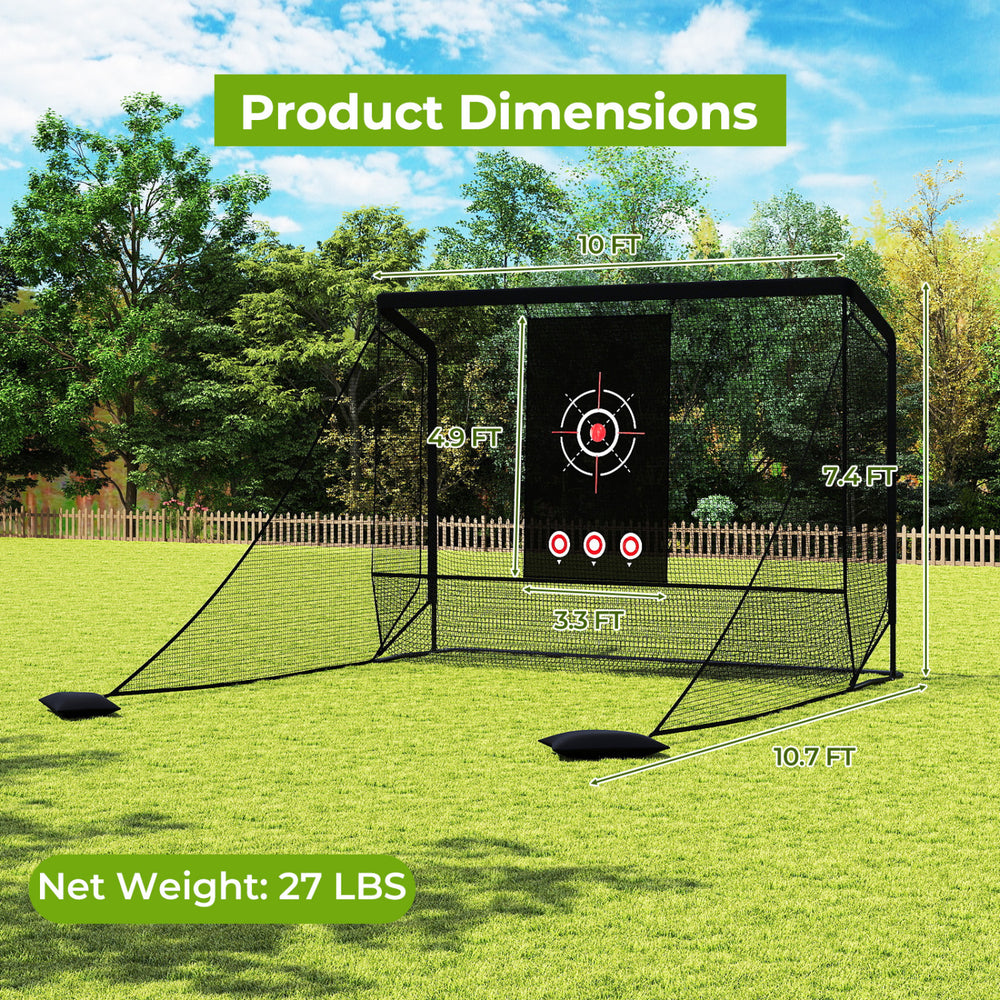 Golf practice hitting net with dimensions 10.7ft height, 10ft width, and 33ft depth, featuring a sturdy metal frame.