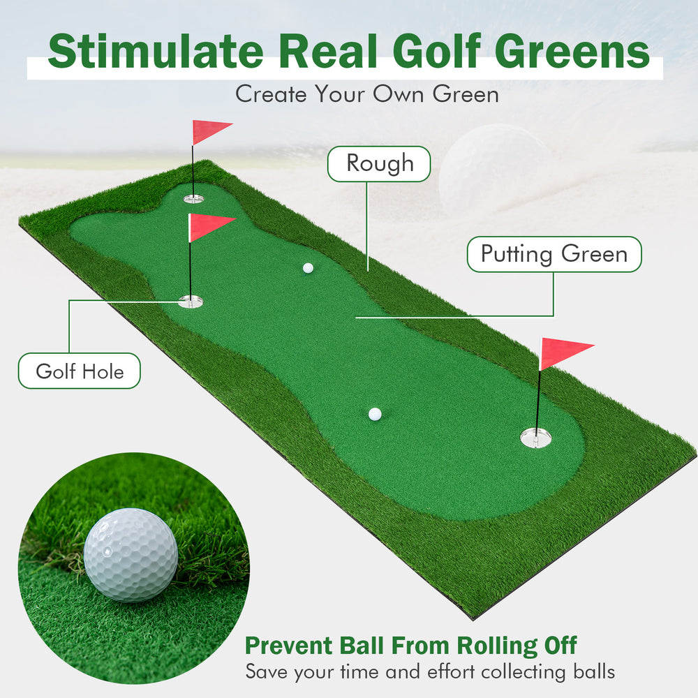 Golf putting green with realistic artificial grass turf, featuring three holes, flags, and a non-slip rubber backing.