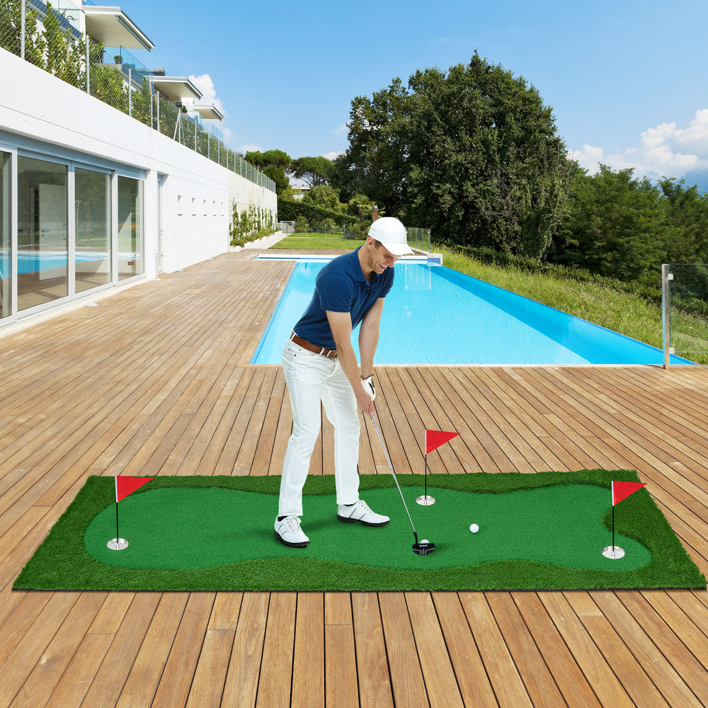 Golf putting green with realistic artificial grass turf, featuring three holes, flags, and a non-slip backing for.