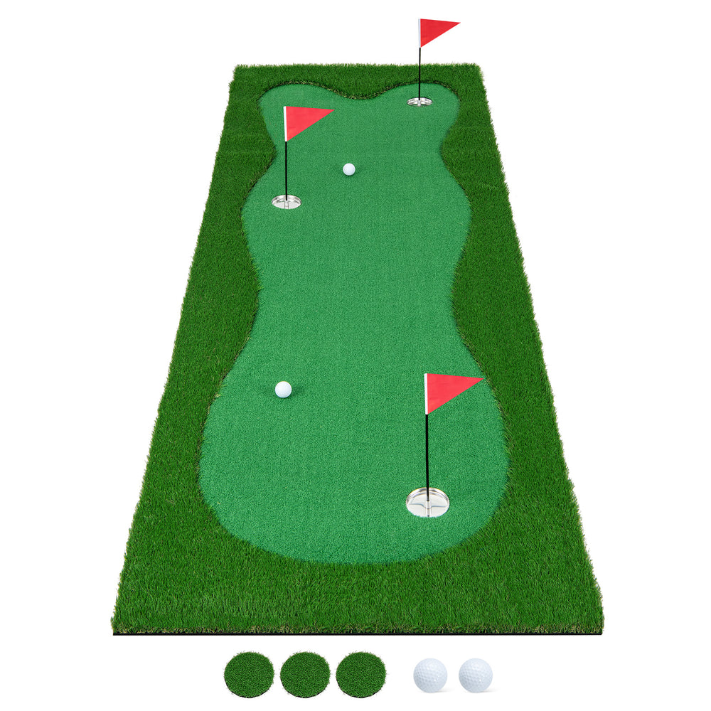 Golf putting green with three holes and flags, showcasing premium artificial grass for realistic indoor or outdoor.