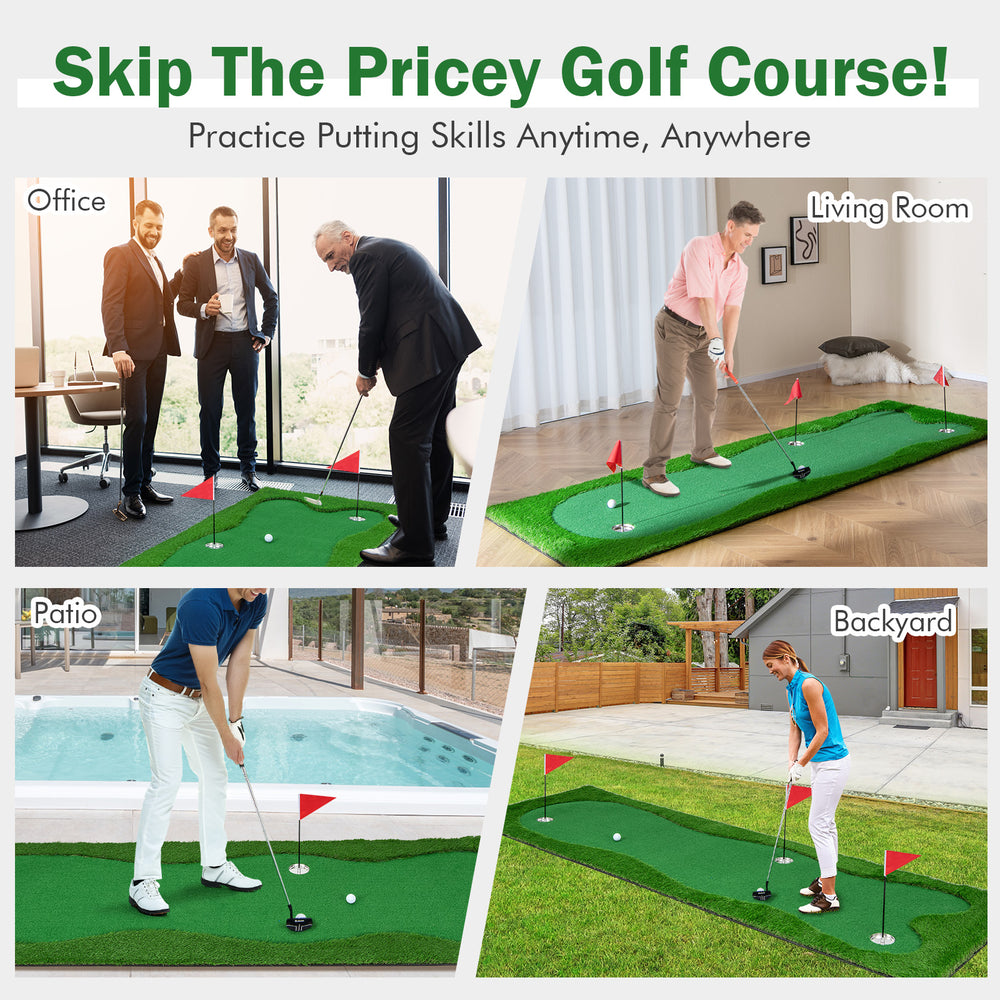 Golf putting green with realistic artificial grass turf, featuring three holes and non-slip backing for indoor and.