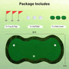 5 x 10 feet golf practice putting green mat with 3 holes, cups, flags, and golf balls for home or backyard use.