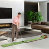 Golf putting mat with auto ball return, featuring two hole sizes and premium nylon surface for indoor practice.