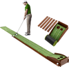 Golf putting mat with auto ball return, wooden track, and two hole sizes for effective practice and easy storage.