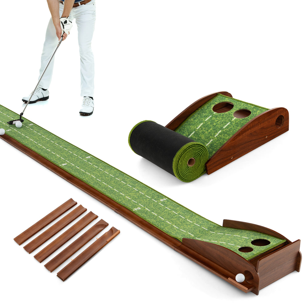 Golf putting mat training aid, showing the wooden track and rolled-up mat, designed for easy setup and storage.