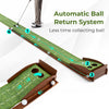 Golf putting mat with auto ball return system, wooden baffle, and two hole sizes for effective practice and training.