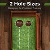 Golf putting mat with two hole sizes (3.1 inch and 2.3 inch) designed for precision training and auto ball return.