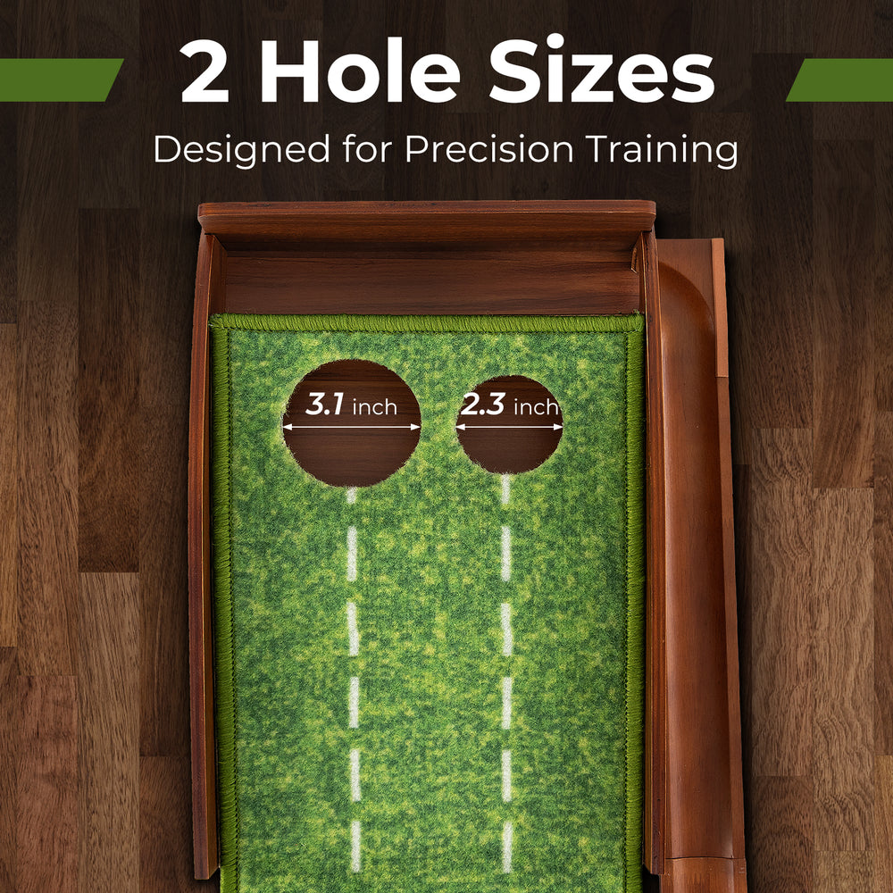 Golf putting mat with two hole sizes (3.1 inch and 2.3 inch) designed for precision training and auto ball return.