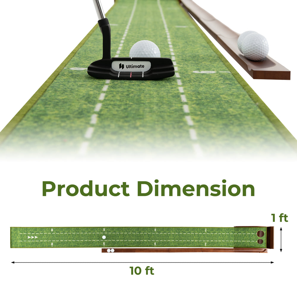 Golf putting mat with auto ball return, 10 ft long, featuring premium nylon surface and two hole sizes for practice.